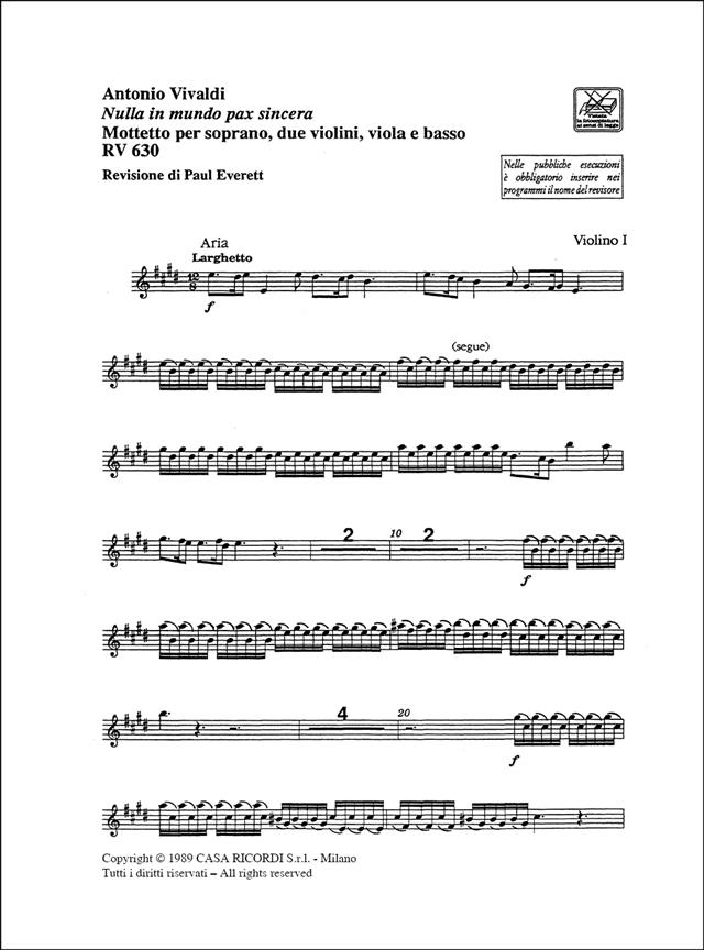 Vivaldi: Nulla in Mundo Pax sincera RV630 published by Ricordi - Set of Parts